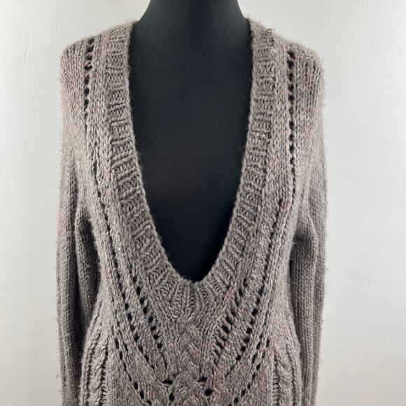 DUFFY Brown Gray Wool Alpaca Blend Cable Knit Deep V-Neckline Sweater Size L - Picture 2 of 9